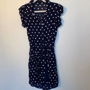 Navy polka dot button down dress